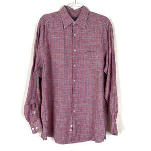 Talbots Vintage Plaid Button Up Shirt Red Blue 100% Linen Mens Medium